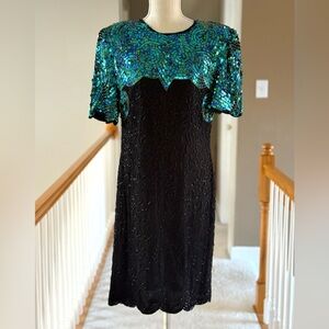 Vintage Denise Elle Evening Dress Black Silk Beaded‎ With Sequins